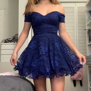 dark blue, lace off the shoulder dress.
